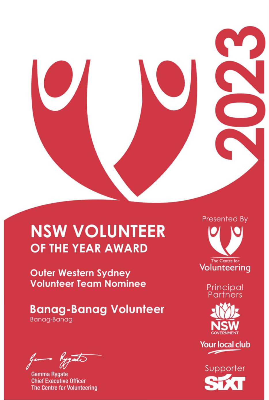 NSW Volunteer of the year award Banag Banag INC